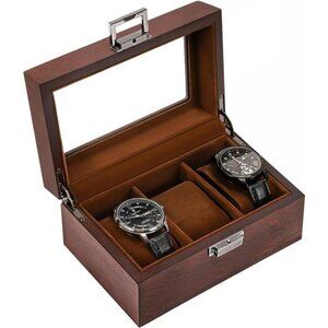 Wooden Watch Box for Men, 3 Slot Watch Display Case with Glass Lid - Espresso